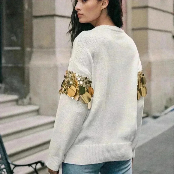 Women's Luxurious stylish Sequin detailed Long Sleeve Sweater top - Picture 7 of 9